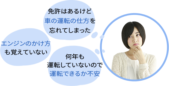 免許はあるけど車の運転の仕方を忘れてしまった　エンジンのかけ方も覚えていない　何年も運転していないので運転できるか不安　